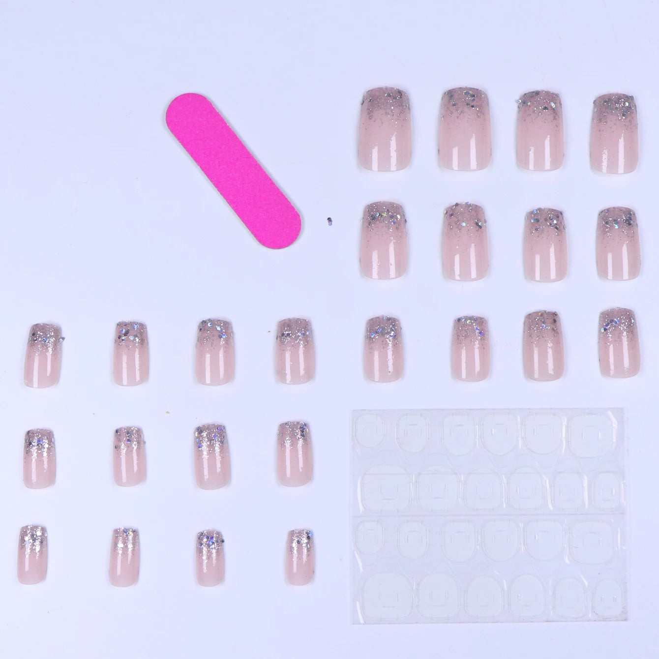 24pcs Flesh-colored Nail Plate Silver Head Square Short Imitation Nail French Fake Nails &1pc Jelly Paste &1pc File for Wedding