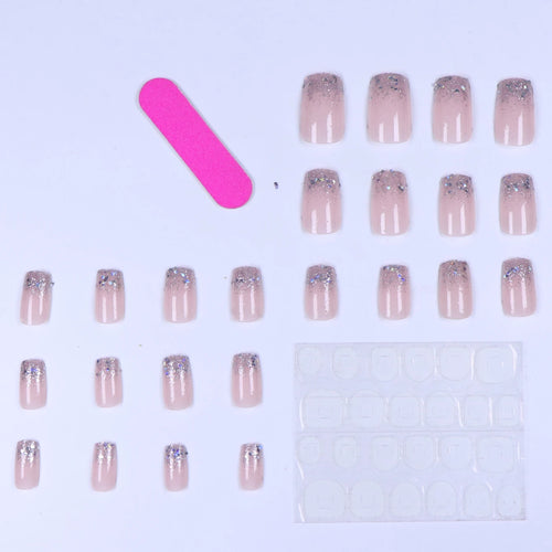24pcs Flesh-colored Nail Plate Silver Head Square Short Imitation Nail French Fake Nails &1pc Jelly Paste &1pc File for Wedding