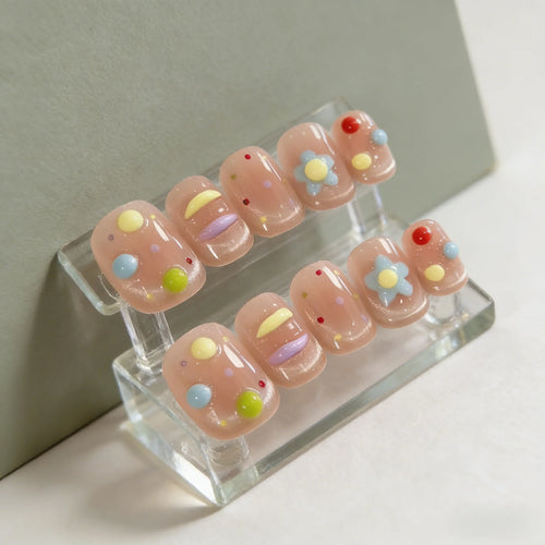 10pcs 3D Sugar Bean Flowers Handmade Nails French Cat-Eye Press on Nail Short Oval Fake Nail for Women&Girl False Nail Art