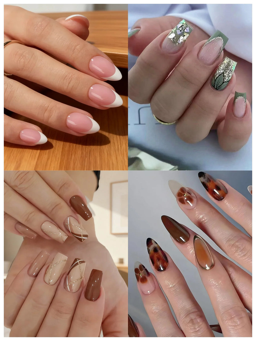 96Pcs French False,Green Glitter,Art Brown Gold Line,Amber Gradient Nails Almond Fake Nails with Glue Press on Ins For Women
