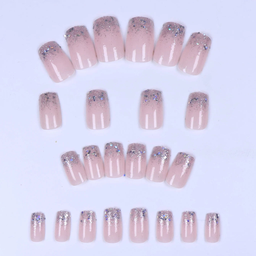 24pcs Flesh-colored Nail Plate Silver Head Square Short Imitation Nail French Fake Nails &1pc Jelly Paste &1pc File for Wedding