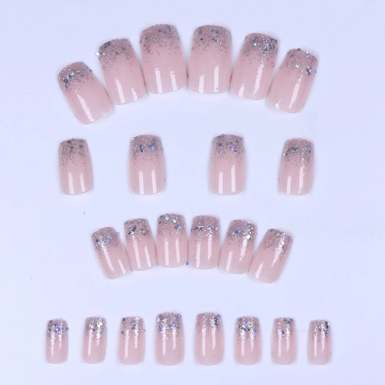 24pcs Flesh-colored Nail Plate Silver Head Square Short Imitation Nail French Fake Nails &1pc Jelly Paste &1pc File for Wedding