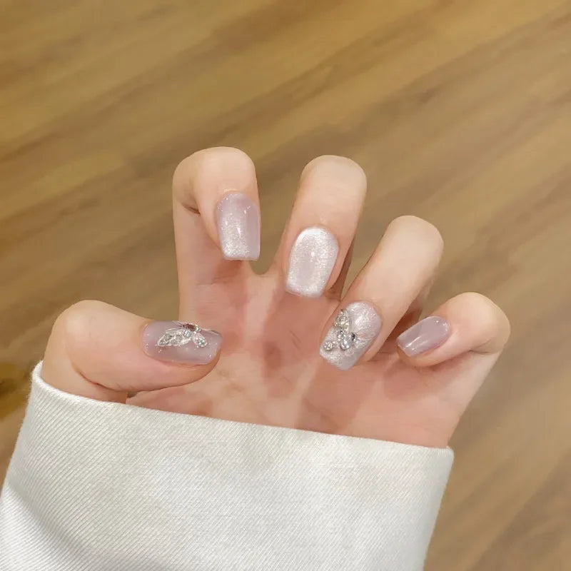 Handmade Diamonds Press on Nails with Design Short False Nails Girls Adhesive Cat Eye Removable Fake Nails with Box and Tools